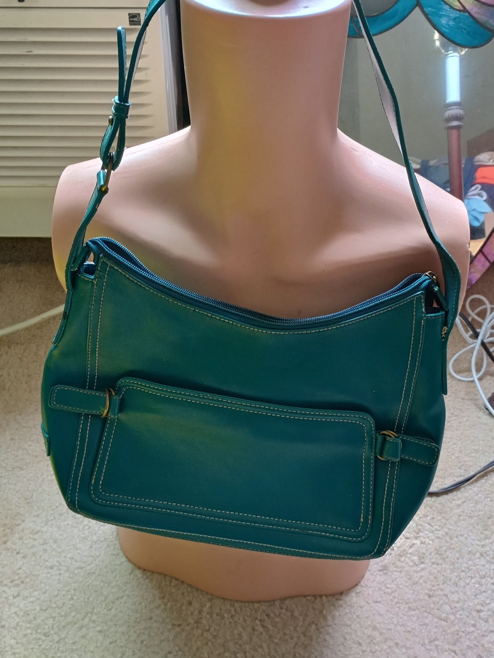 vintage Dockers  teal leather shoulder bag with brass hardware and white contras